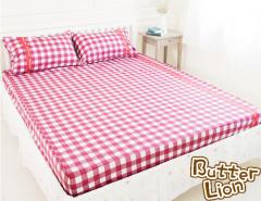 【奶油獅】格紋系列-台灣製造-100%精梳純棉床包三件組－雙人加大6尺(紅)