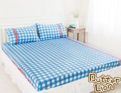 【奶油獅】格紋系列-台灣製造-100%精梳純棉床包三件組－雙人特大7尺(藍)